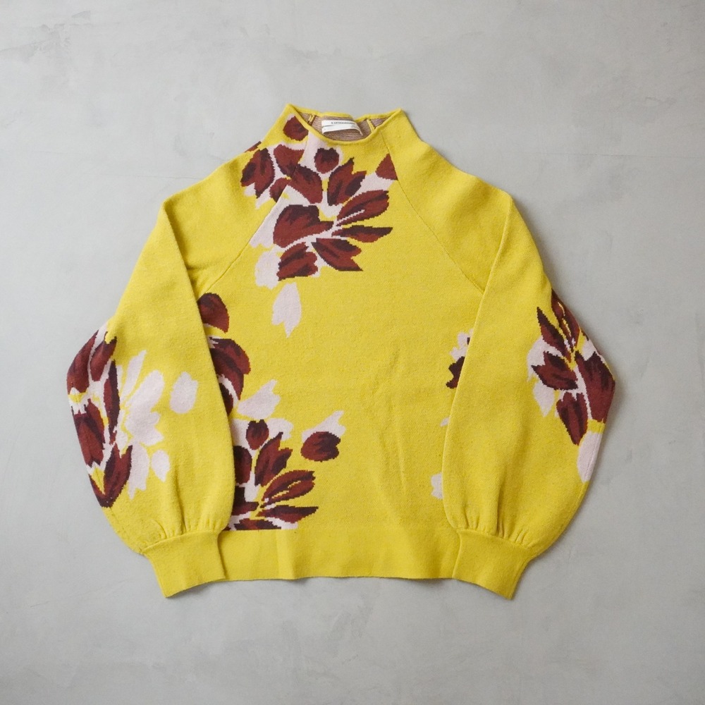 Anthropologie Floral Mock Neck Sweater Small Yellow Raglan Balloon Sleeve Knit